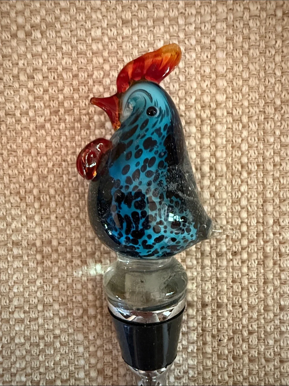 Pier One Handblown Glass Rooster Bottle Stopper - Blue & Orange 5 Inch in length